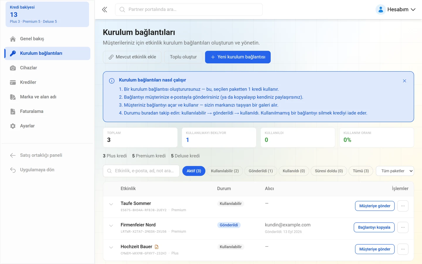 Göstergeler ve anahtar listesiyle Kurulum bağlantıları sayfası