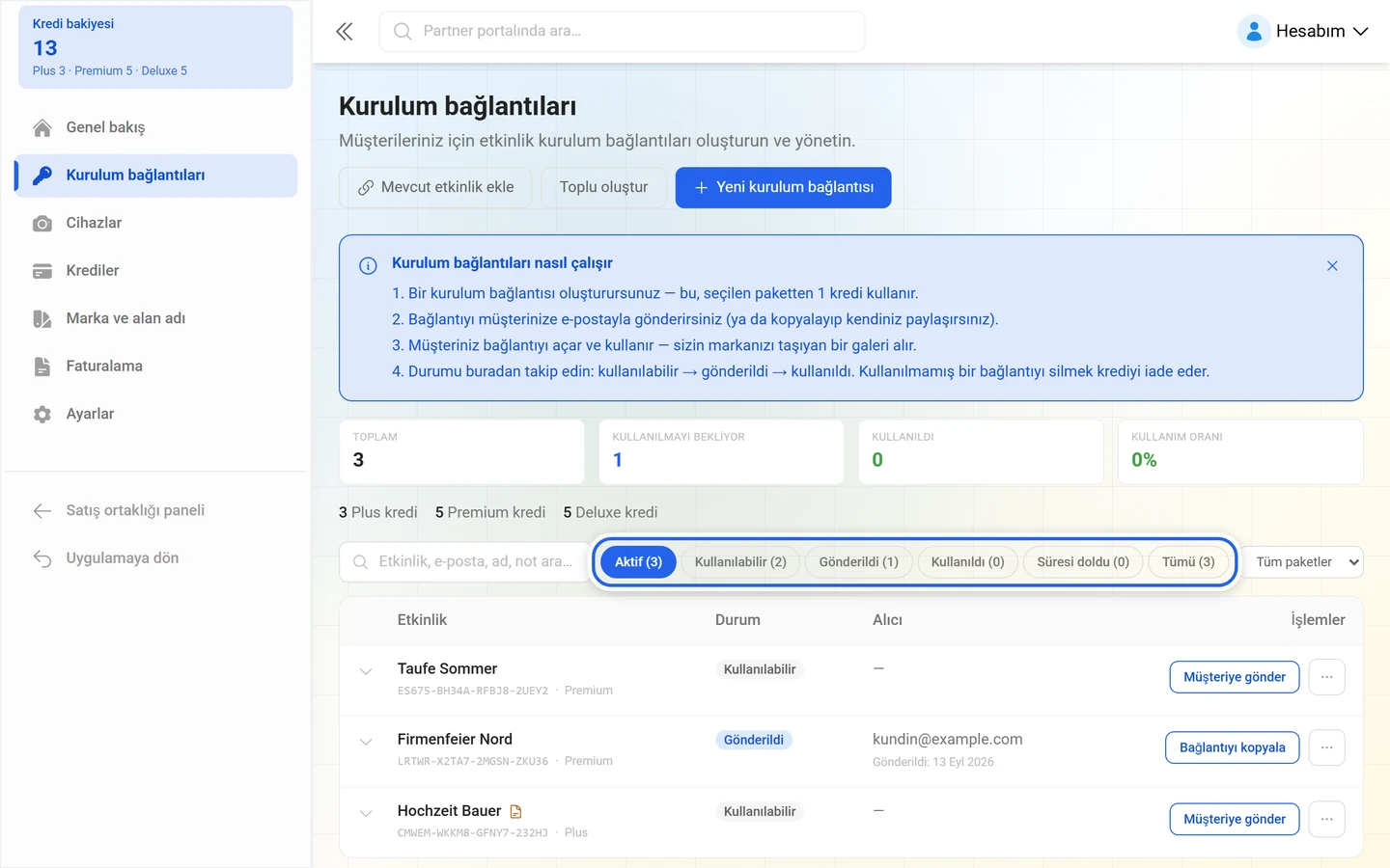 Kurulum bağlantısı listesinin sayaçlı filtre hapları, işaretli