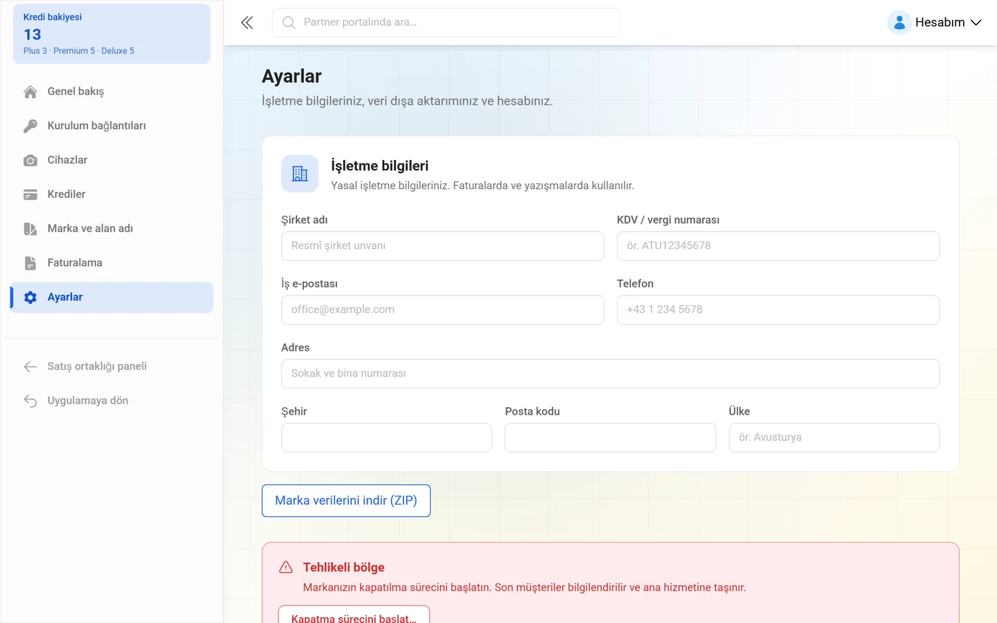Şirket bilgileri formuyla Ayarlar sayfası