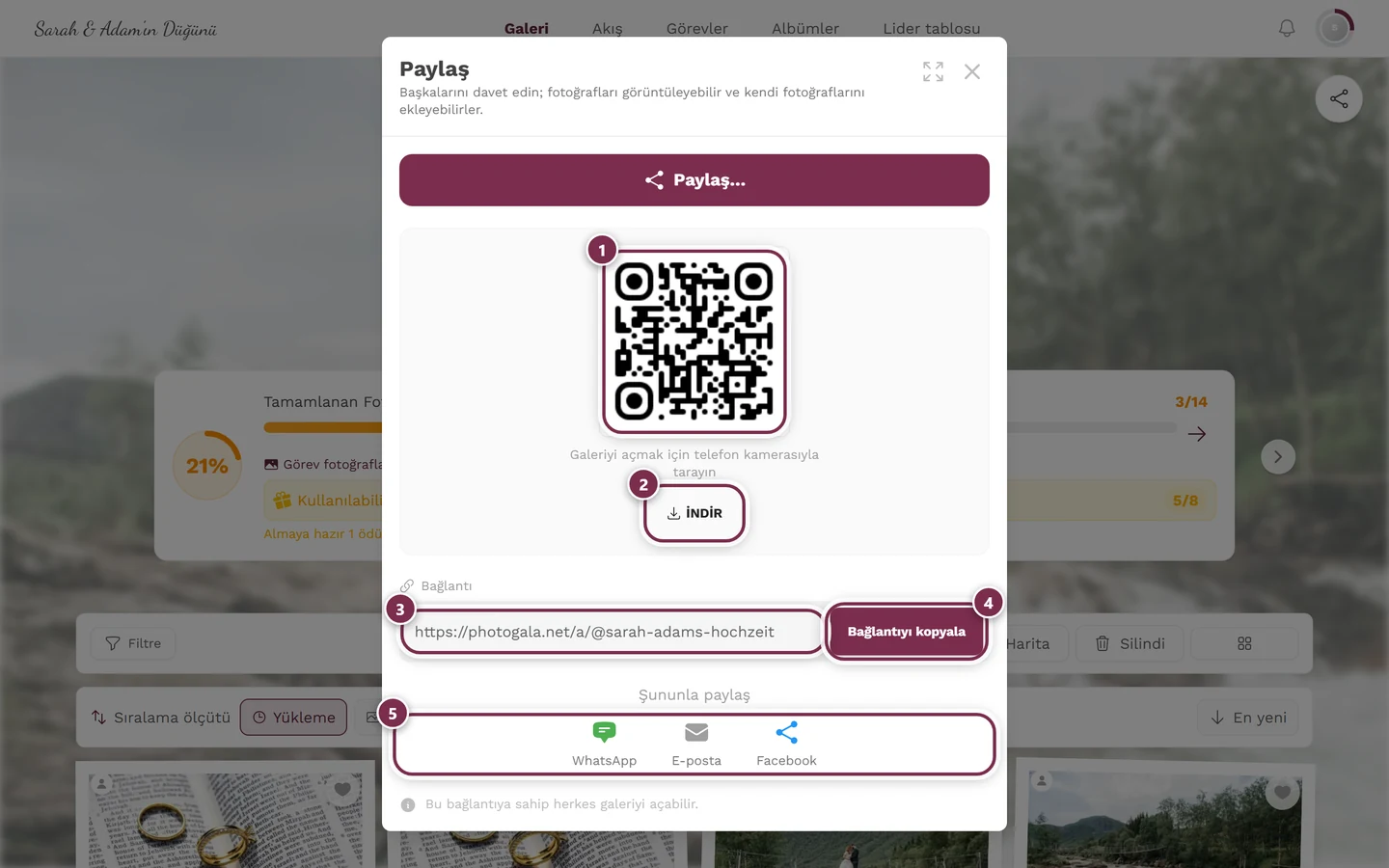 QR kod, İndir düğmesi, bağlantı alanı, Bağlantıyı kopyala ve doğrudan paylaşım düğmeleriyle paylaşım iletişim kutusu