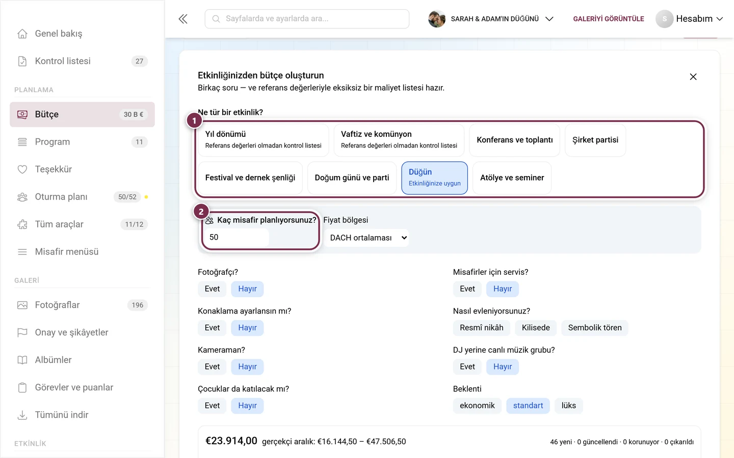 Vesile kutucukları ve misafir sayısı sorusuyla sihirbaz
