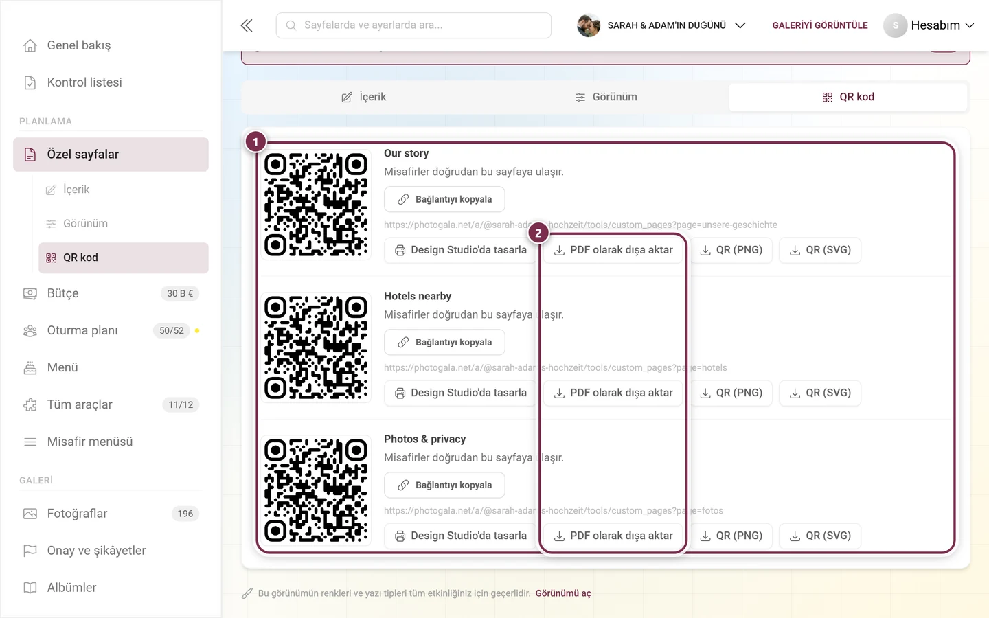 Yayınlanmış her sayfa için bir blok içeren QR kod sekmesi; bir kart ve çıktı düğmeleri işaretlenmiş