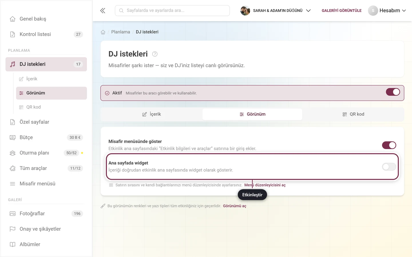 Widget anahtarı vurgulanmış DJ istekleri Gösterim sekmesi