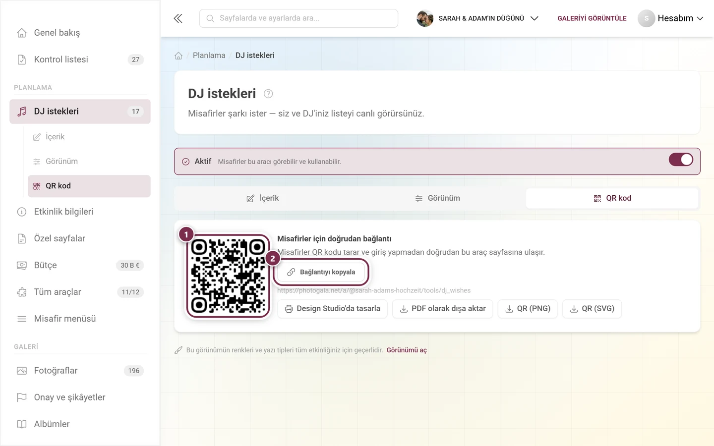 QR kod ve Bağlantıyı kopyala düğmesi vurgulanmış DJ istekleri QR kod sekmesi
