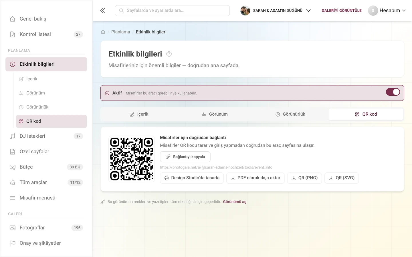 Doğrudan bağlantı, QR görseli ve dışa aktarma düğmeleriyle bir aracın QR kod sekmesi
