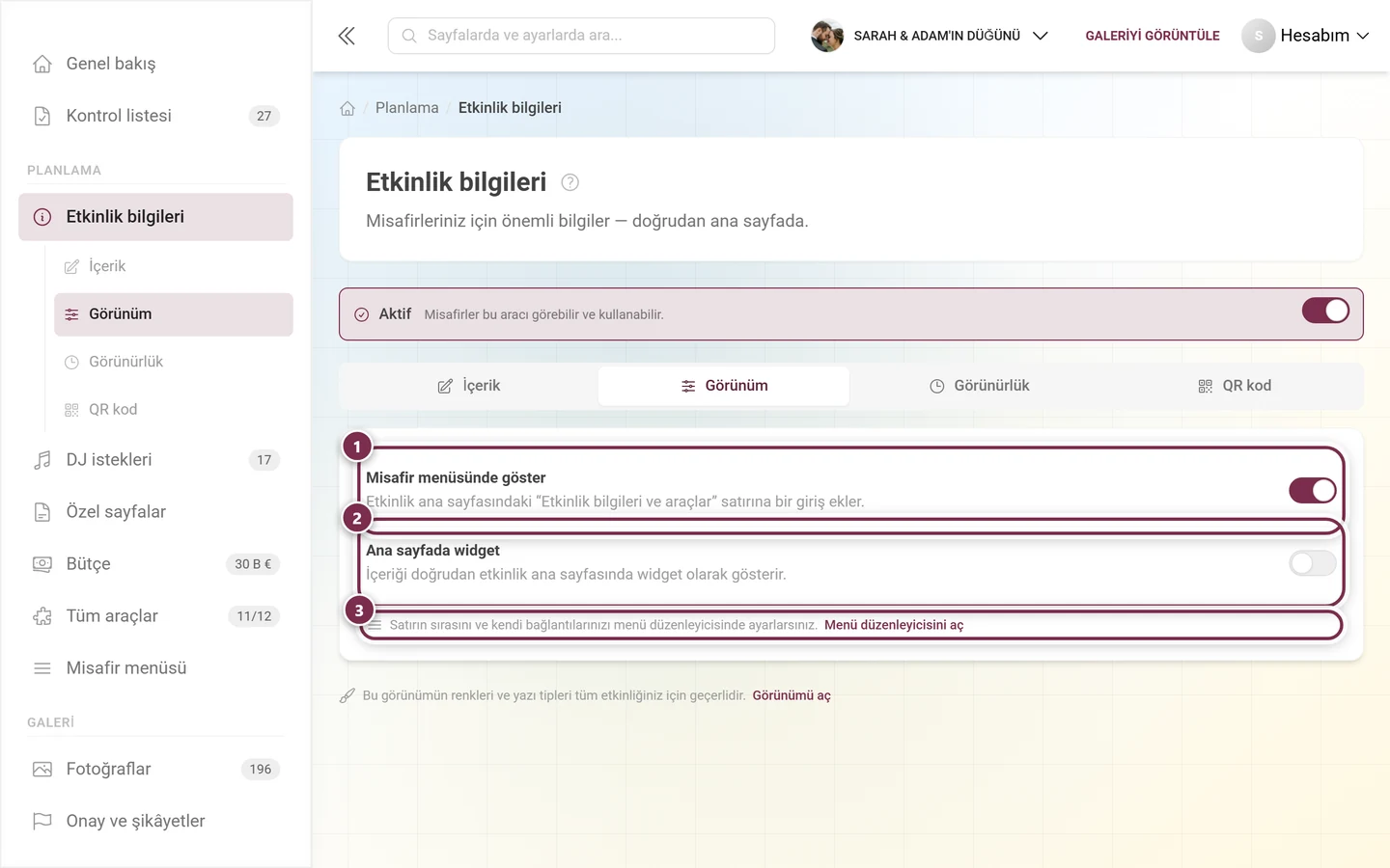 Misafir menüsü öğesi ve ana sayfa widget'ı anahtarlarıyla Gösterim sekmesi