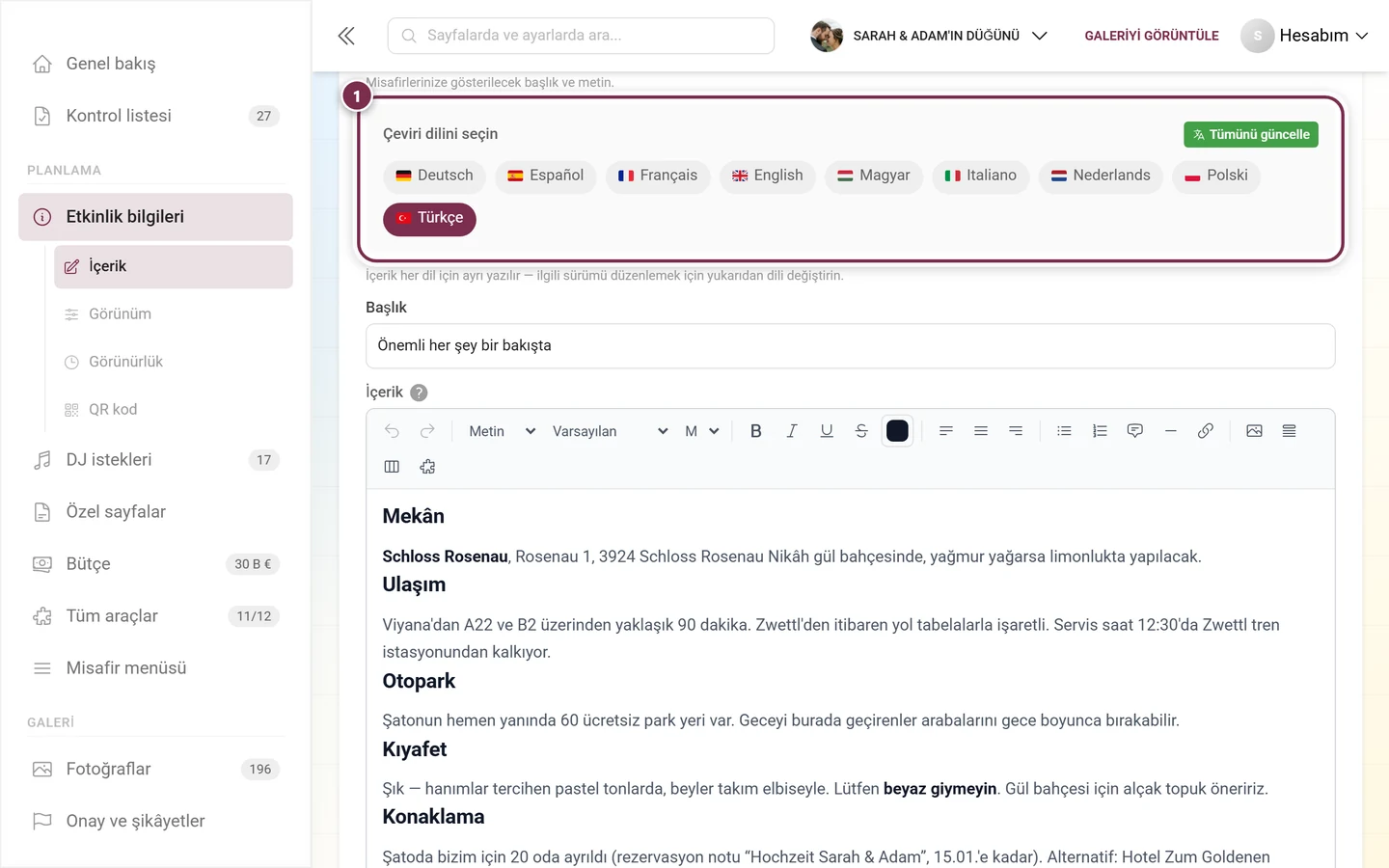 Deutsch ve English ile Tümünü güncelle düğmesini içeren Çeviri dilini seçin çubuğu