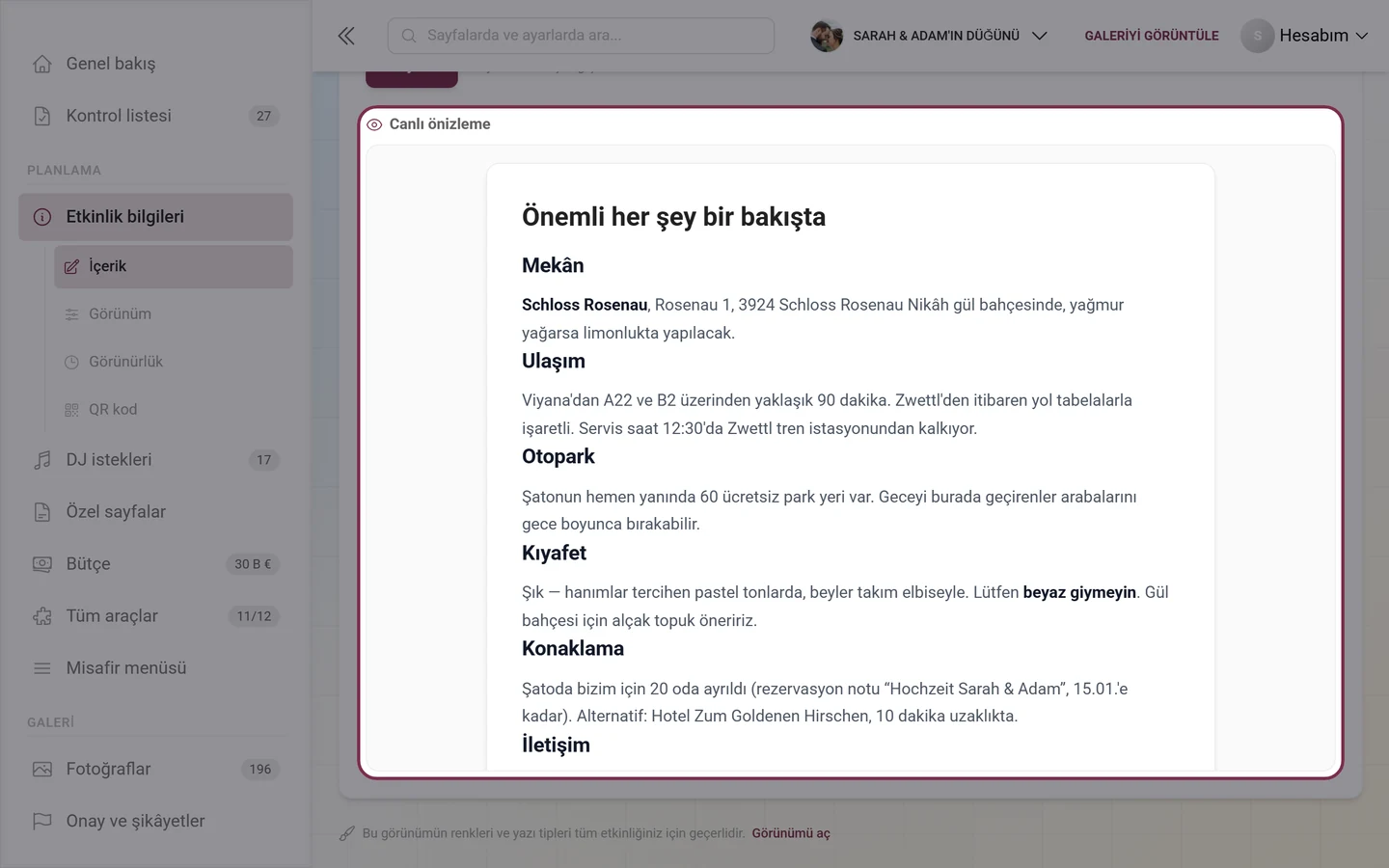 Formun altında bitmiş etkinlik bilgilerini gösteren canlı önizleme