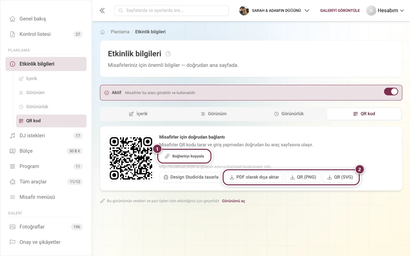 Kod, Bağlantıyı kopyala düğmesi ve çıktı düğmeleriyle QR kod sekmesi