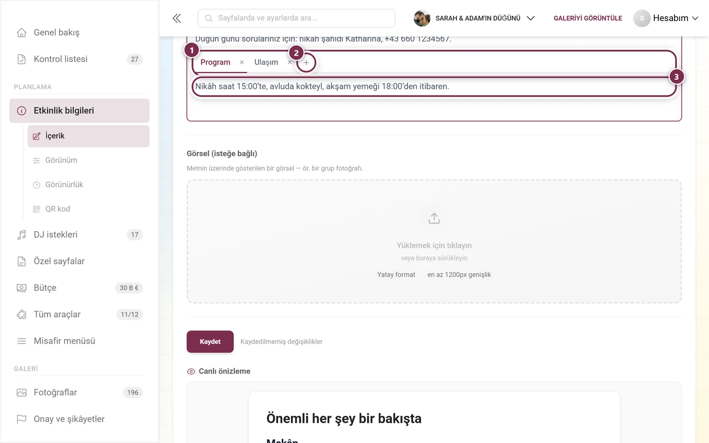 Sekme çubuğu, artı düğmesi ve etkin sekmenin içeriğiyle düzenleyicideki sekme bloğu