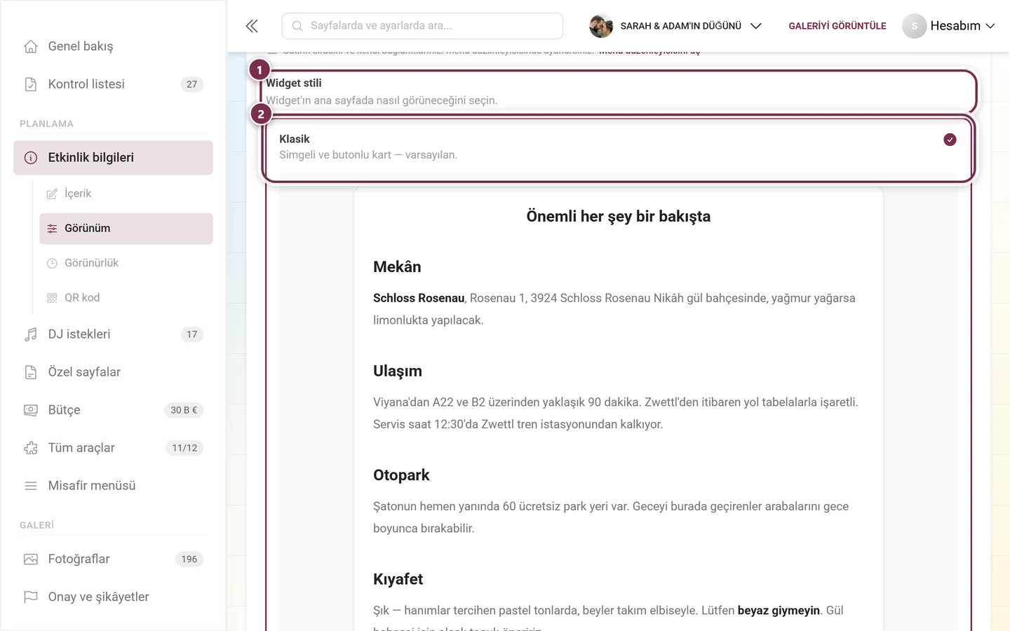 İlk kartı Klasik olan Widget stili seçicisi