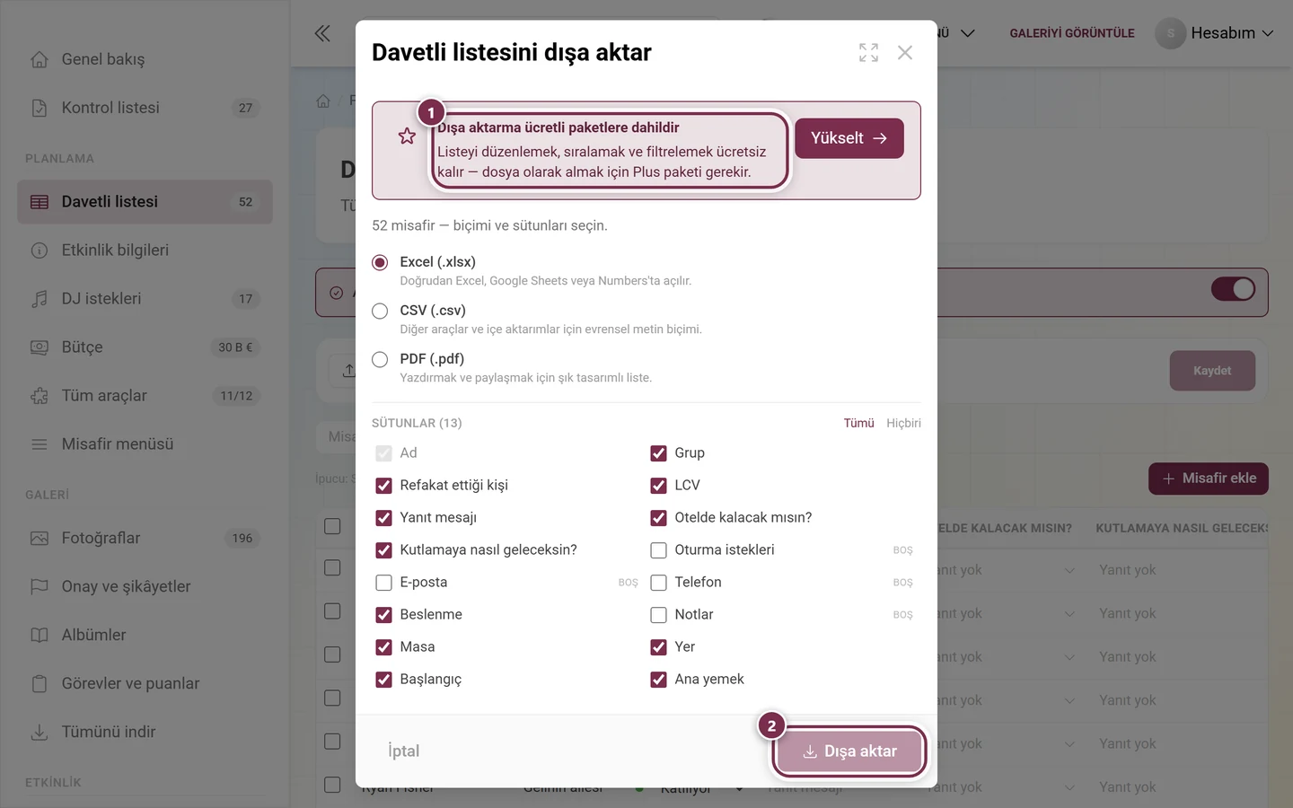 Yükseltme kutusu ve gri Dışa aktar düğmesi işaretlenmiş davetli listesi dışa aktarma iletişim kutusu