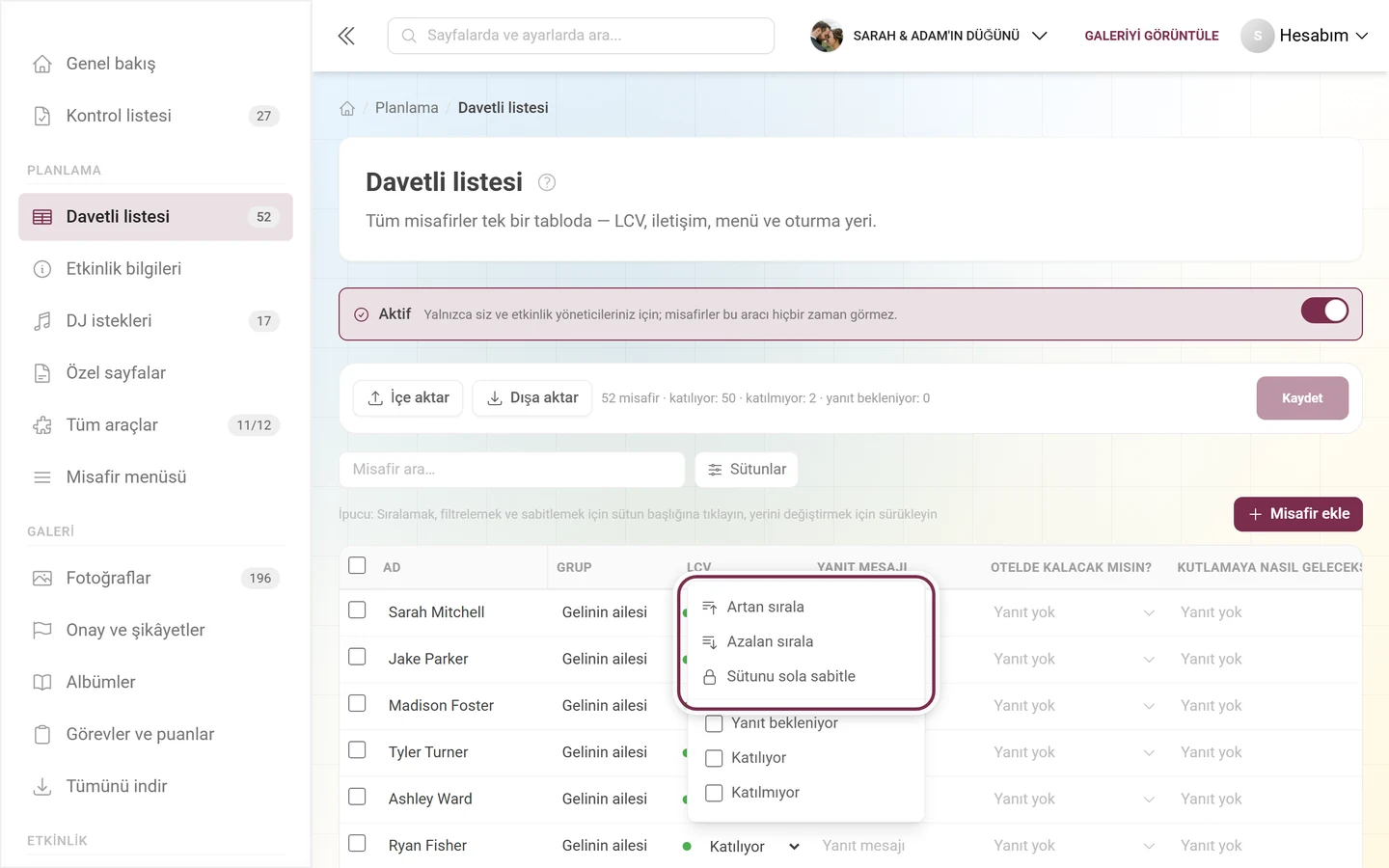 LCV sütun başlığının açılmış menüsü ve filtre değer listesiyle davetli listesi