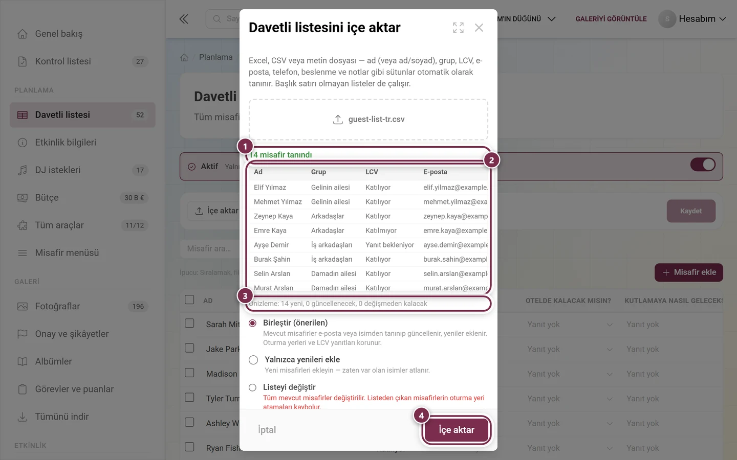 Dosya satırı, önizleme tablosu, birleştirme önizlemesi ve İçe aktar düğmesi işaretlenmiş davetli listesi içe aktarma iletişim kutusu