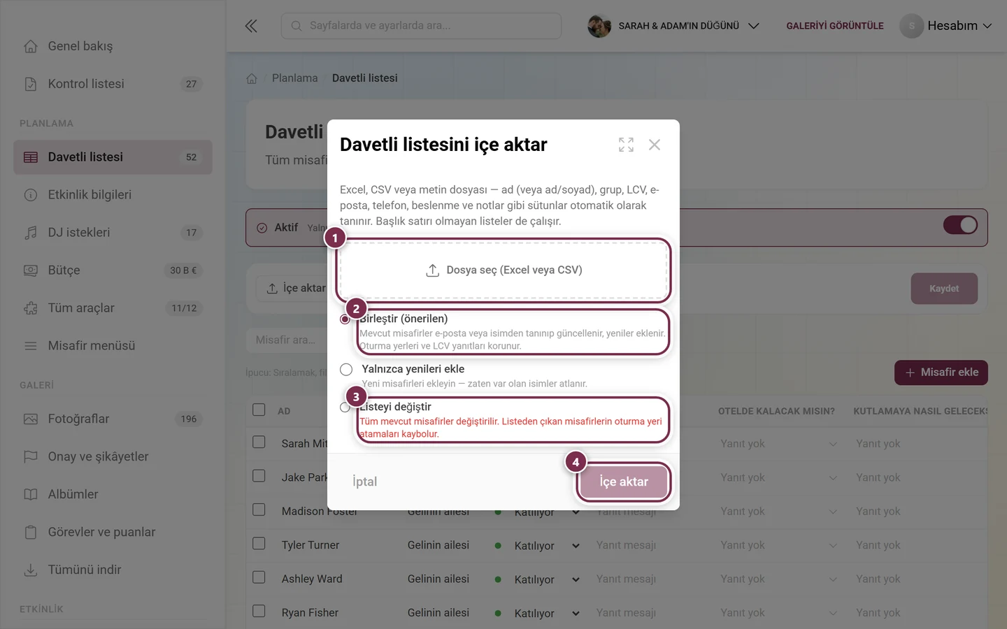 Dosya seçimi, Birleştir ve Listeyi değiştir modları ve İçe aktar düğmesi işaretlenmiş Davetli listesini içe aktar iletişim kutusu
