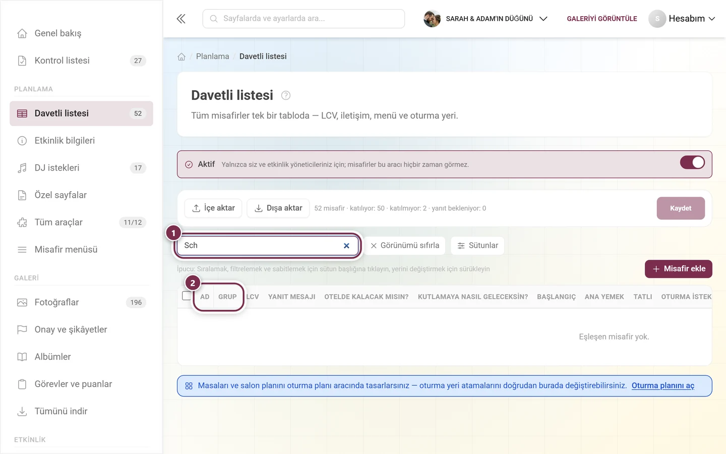 Doldurulmuş arama alanı ve sonuçları işaretlenmiş davetli listesi