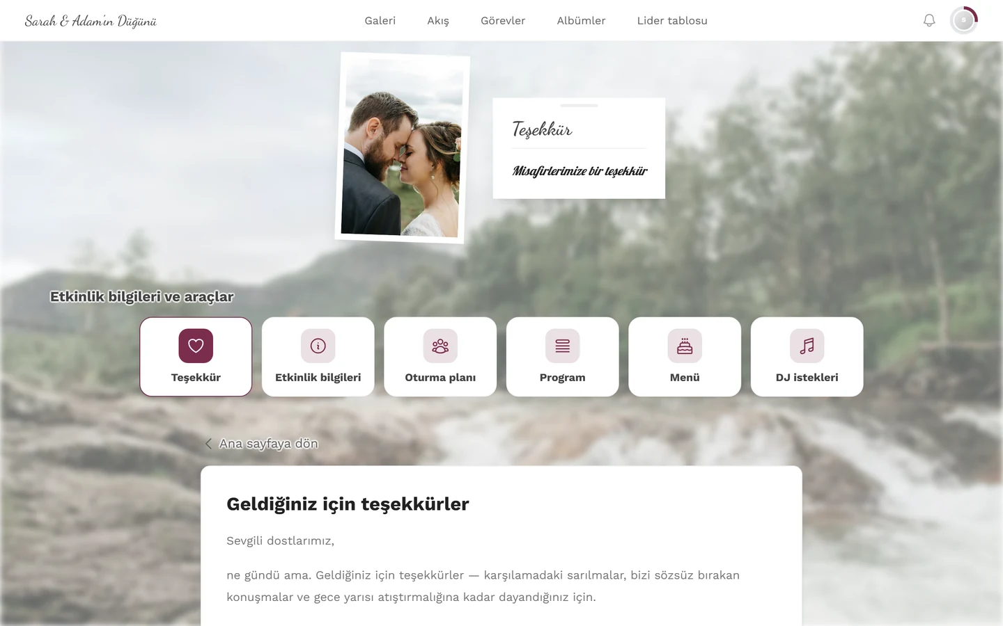 Başlık, metin ve vurgulanmış Teşekkürler kutucuğuyla misafir görünümünde teşekkür notu