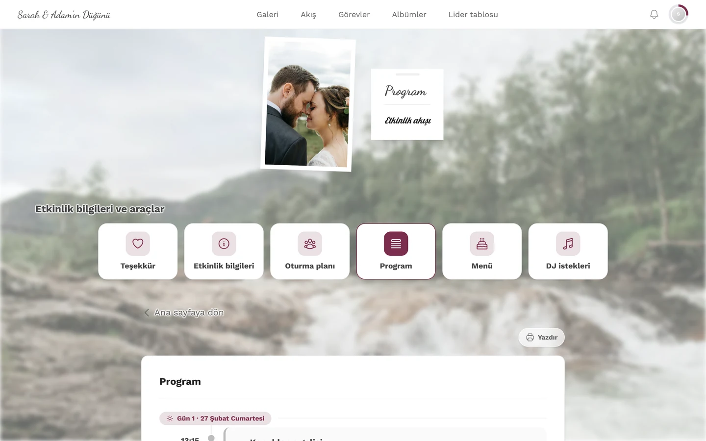 Etkinliğin program maddeleri ve Yazdır düğmesiyle program sayfası