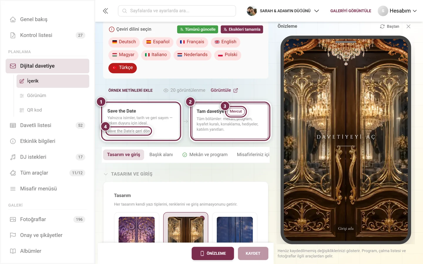 Numaralı halkalarla Save the Date ve Tam davetiye kartları