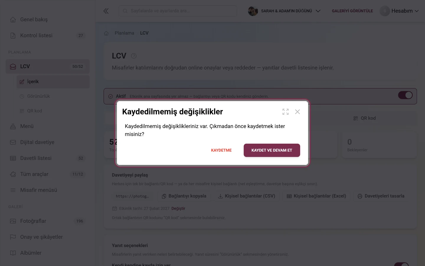 Açık taslakla sekme değiştirirken çıkan onay sorusu