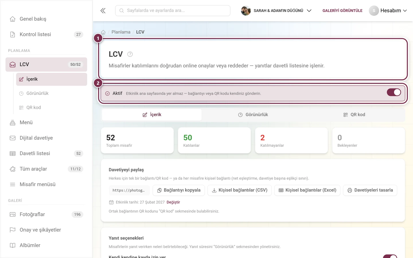 Başlık ve Etkin şeridiyle LCV düzenleyicisinin üst satırı