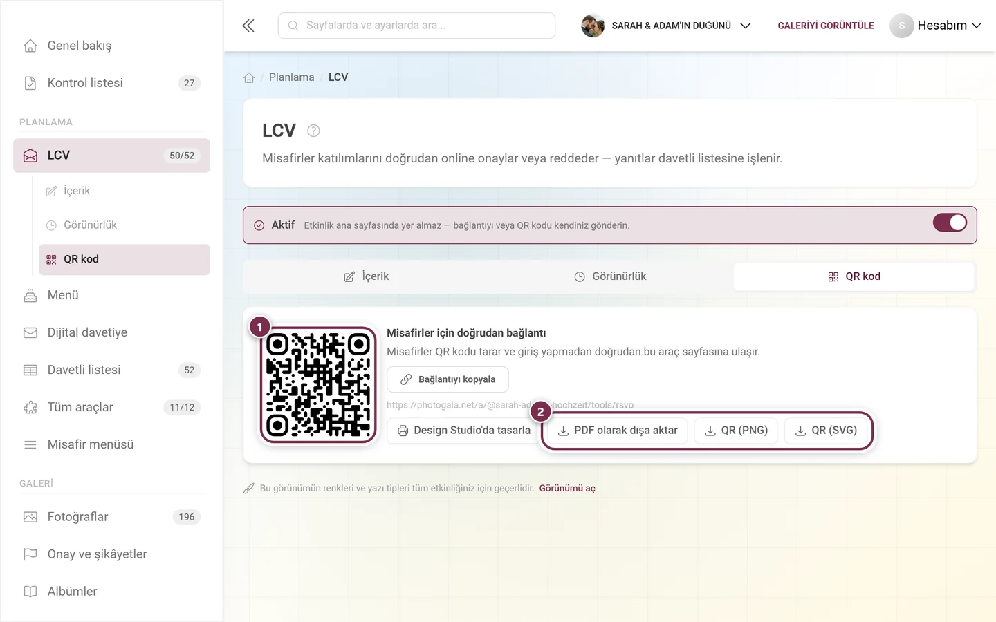 Kod, doğrudan bağlantı ve üç dosya düğmesiyle QR kod sekmesi