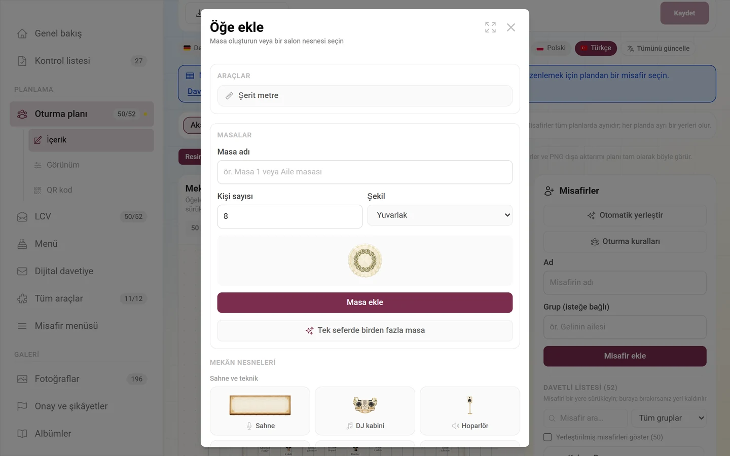 Masa formu ve salon nesneleriyle Öğe ekle diyaloğu