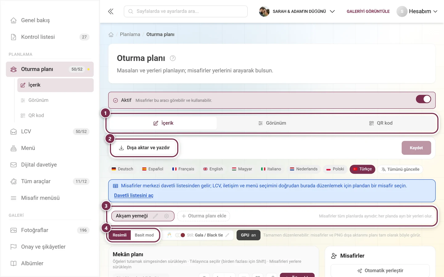 Merkezi davetli listesine işaret eden mavi not ve plan seçimiyle oturma planı düzenleyicisi