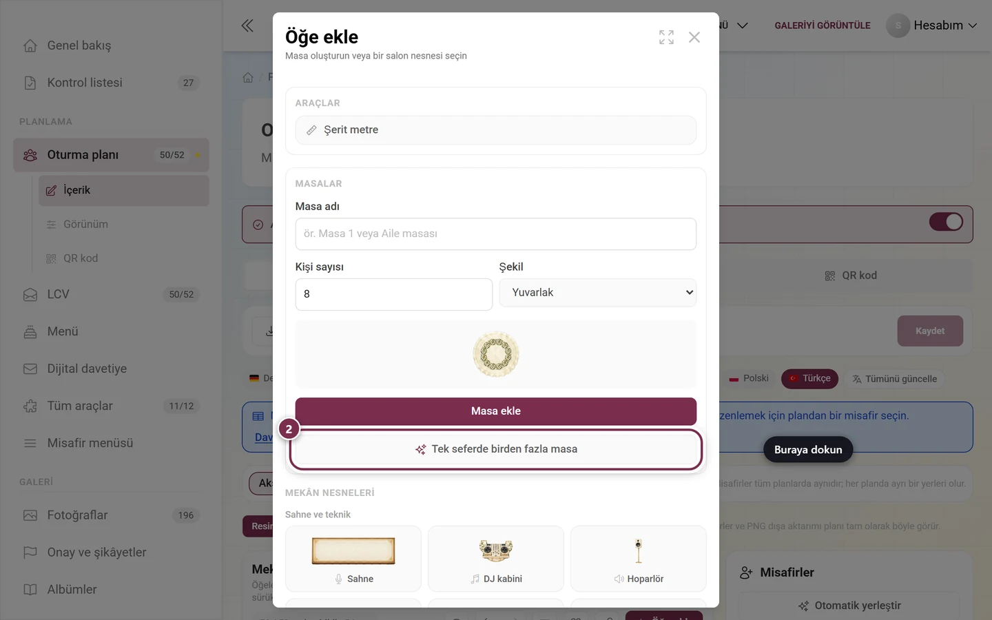 Aynı anda birden fazla masa öğesi kırmızıyla işaretli Öğe ekle diyaloğu