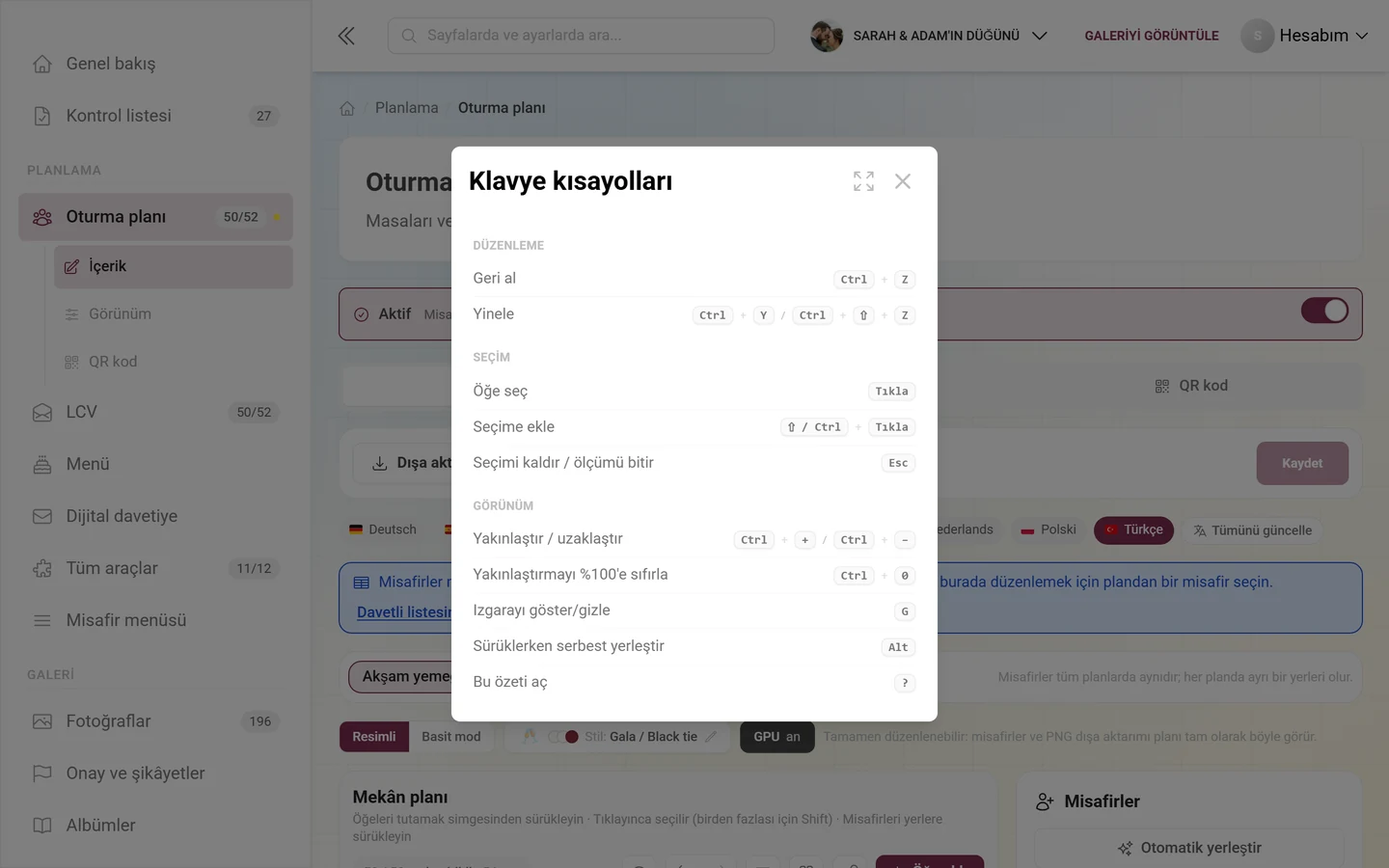 Düzenleme, Seçim ve Görünüm gruplarıyla Klavye kısayolları diyaloğu