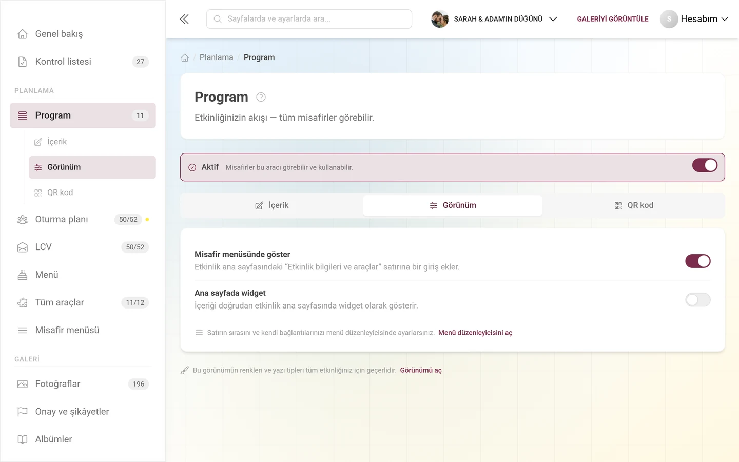 Widget ve misafir menüsü anahtarlarıyla Görünüm sekmesi