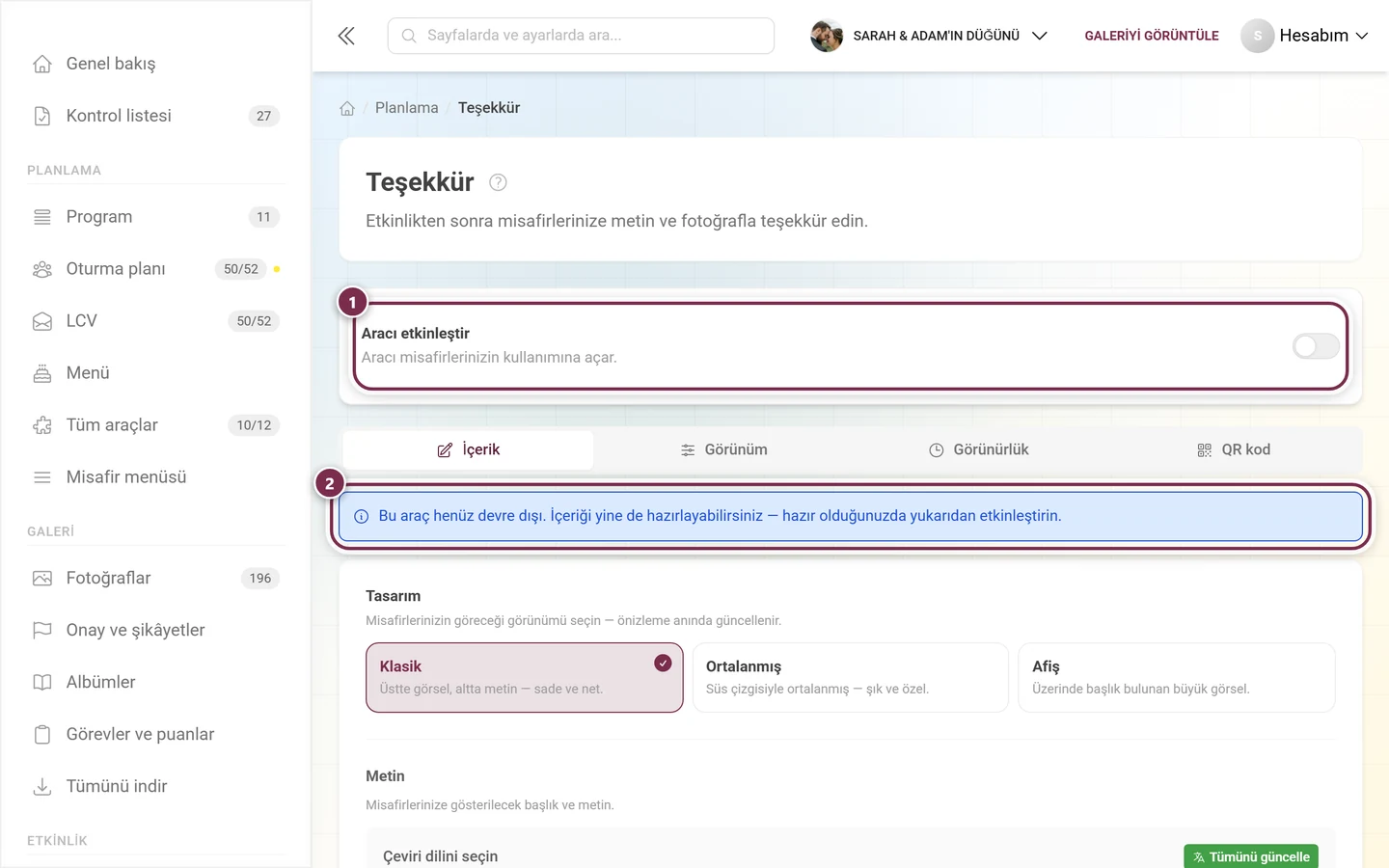 Araç kapalıyken taslak moduna dair mavi notla teşekkür mesajı