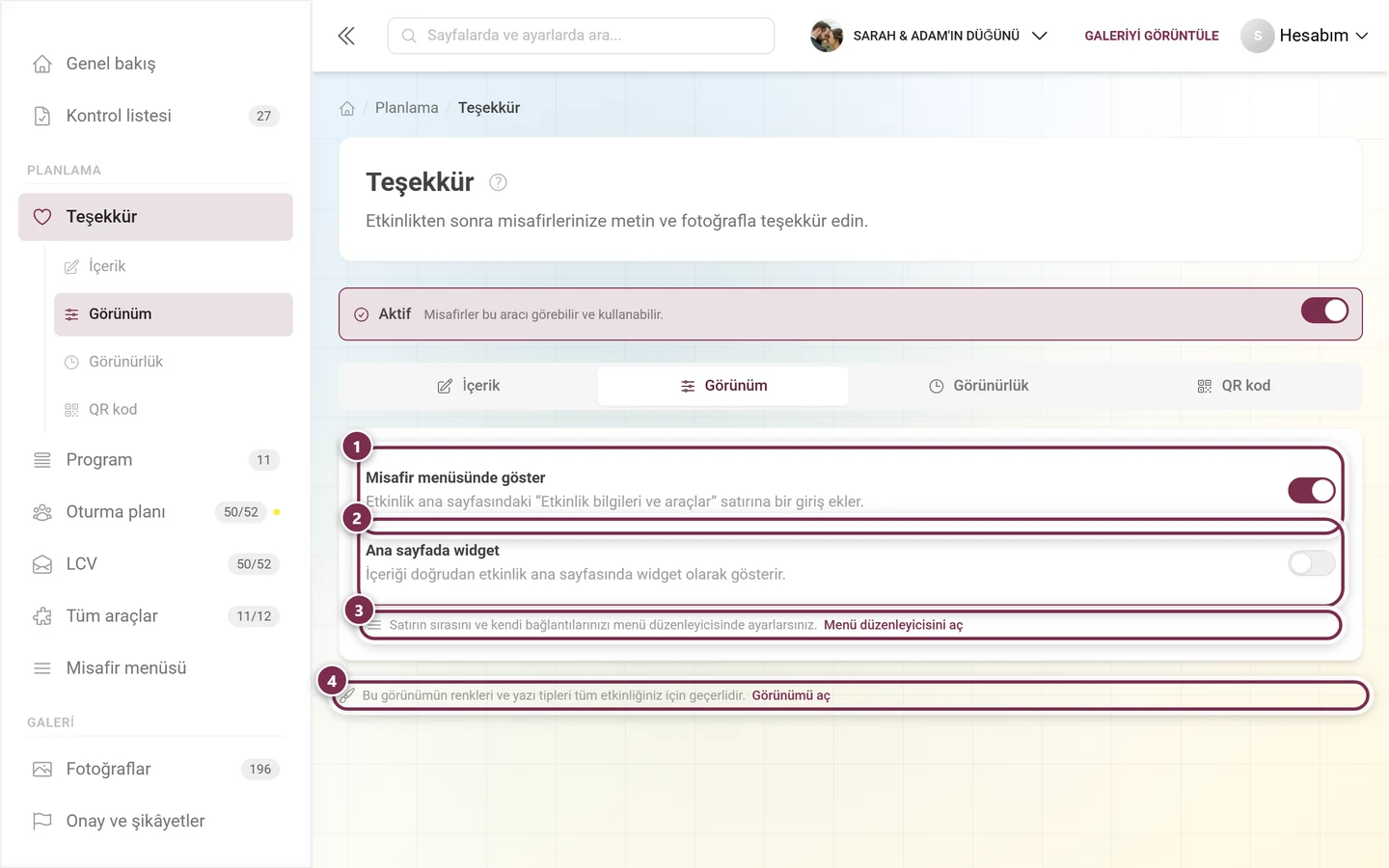 Misafir menüsü ve ana sayfa widget'ı anahtarları ile iki çapraz bağlantılı Görünüm sekmesi