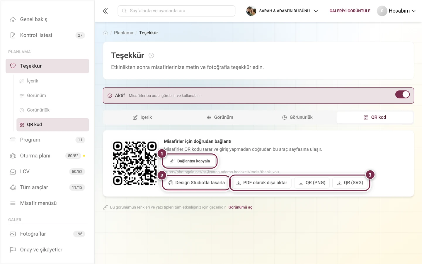 Doğrudan bağlantı, Design Studio düğmesi ve üç dosya dışa aktarımıyla QR kod sekmesi