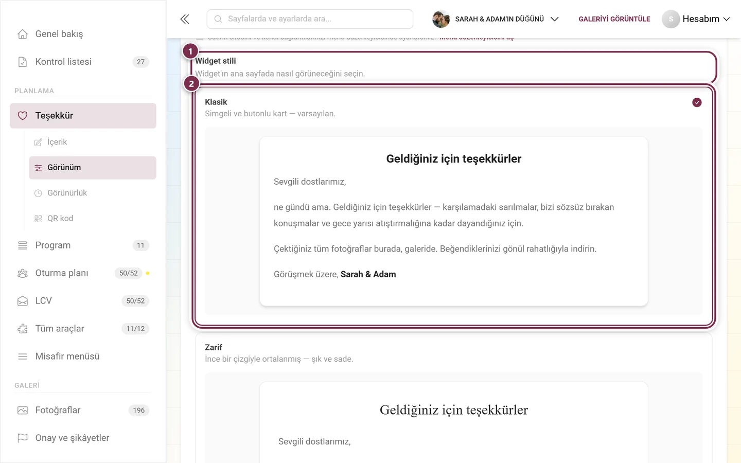 Klasik kartı seçili widget stili seçimi