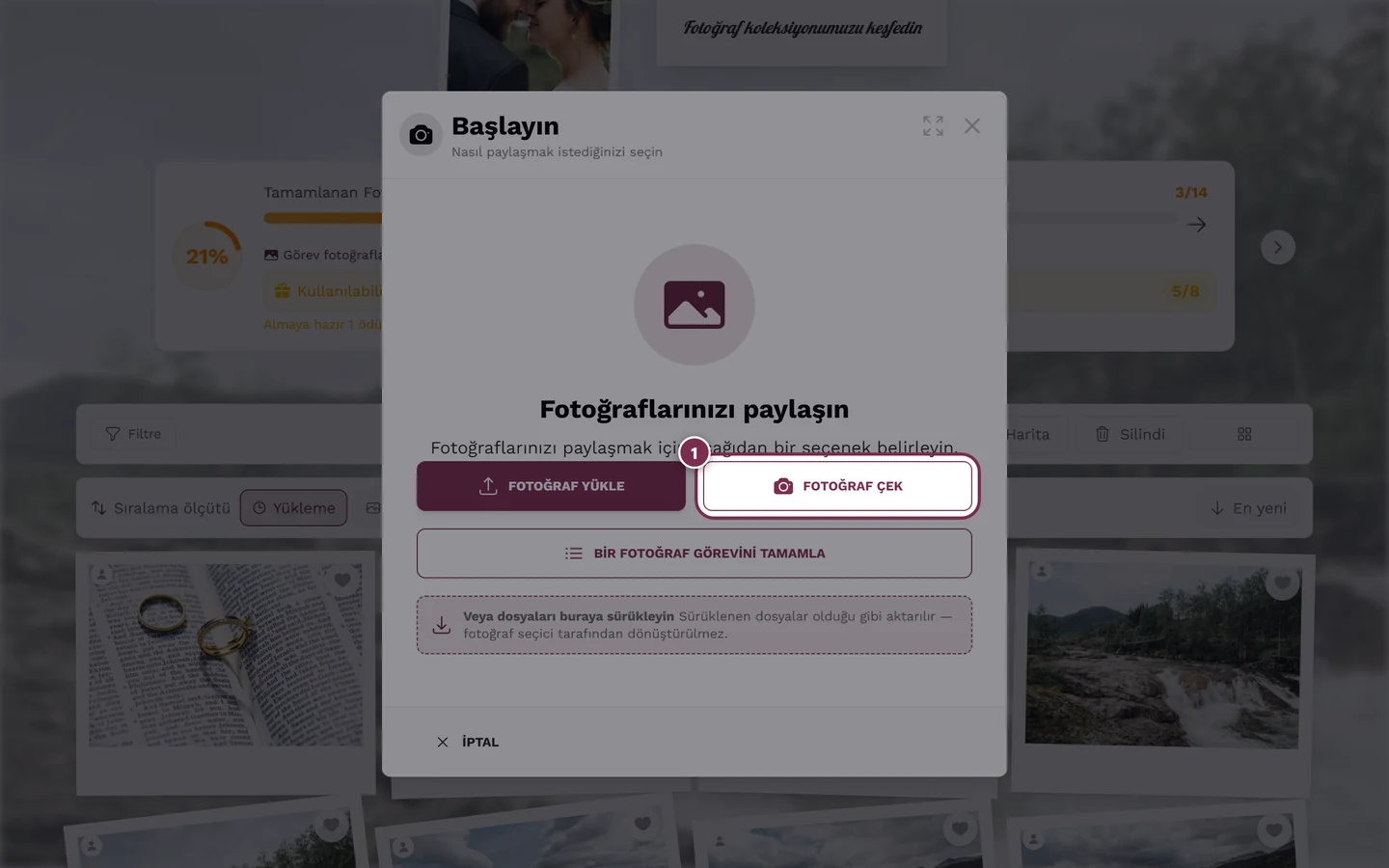 Fotoğraf çek düğmesi vurgulanmış yükleme iletişim kutusu