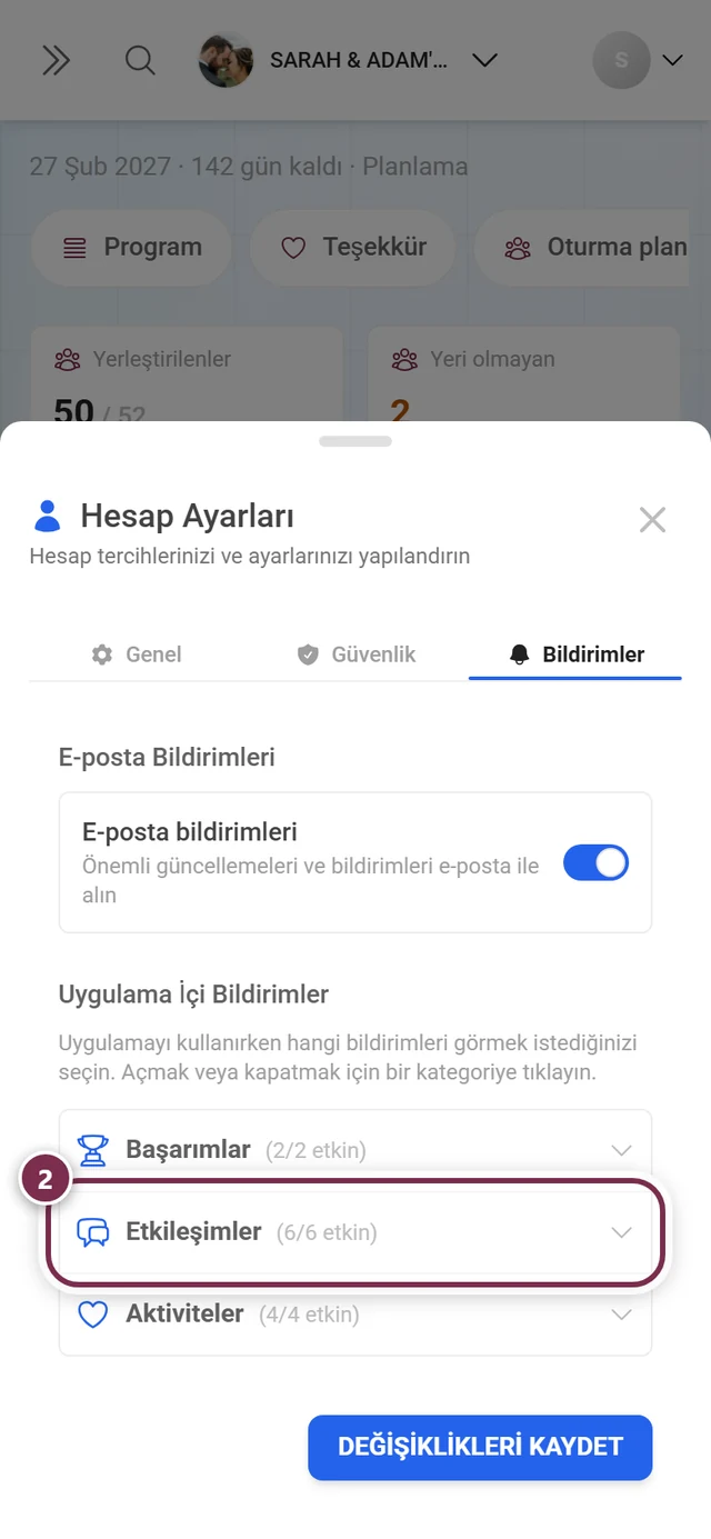 Üç kapalı kategoriyle Bildirimler sekmesi, Etkileşimler başlık satırı kırmızıyla işaretli