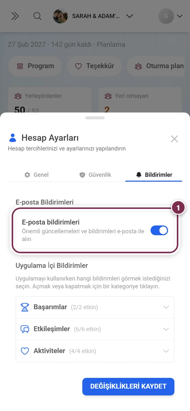 E-posta bildirimleri kutusu ve sağdaki anahtar kırmızıyla işaretlenmiş Bildirimler sekmesi