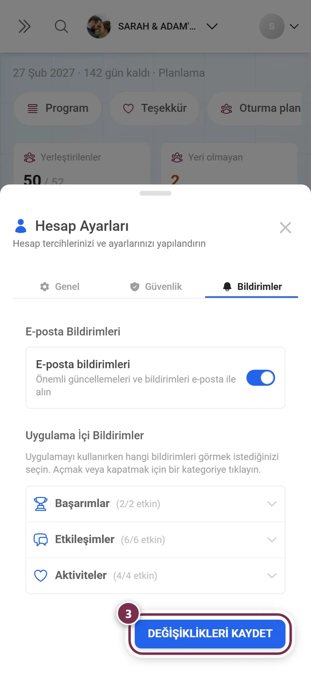 Kırmızıyla işaretlenmiş Değişiklikleri kaydet düğmesiyle Bildirimler sekmesinin alt kısmı