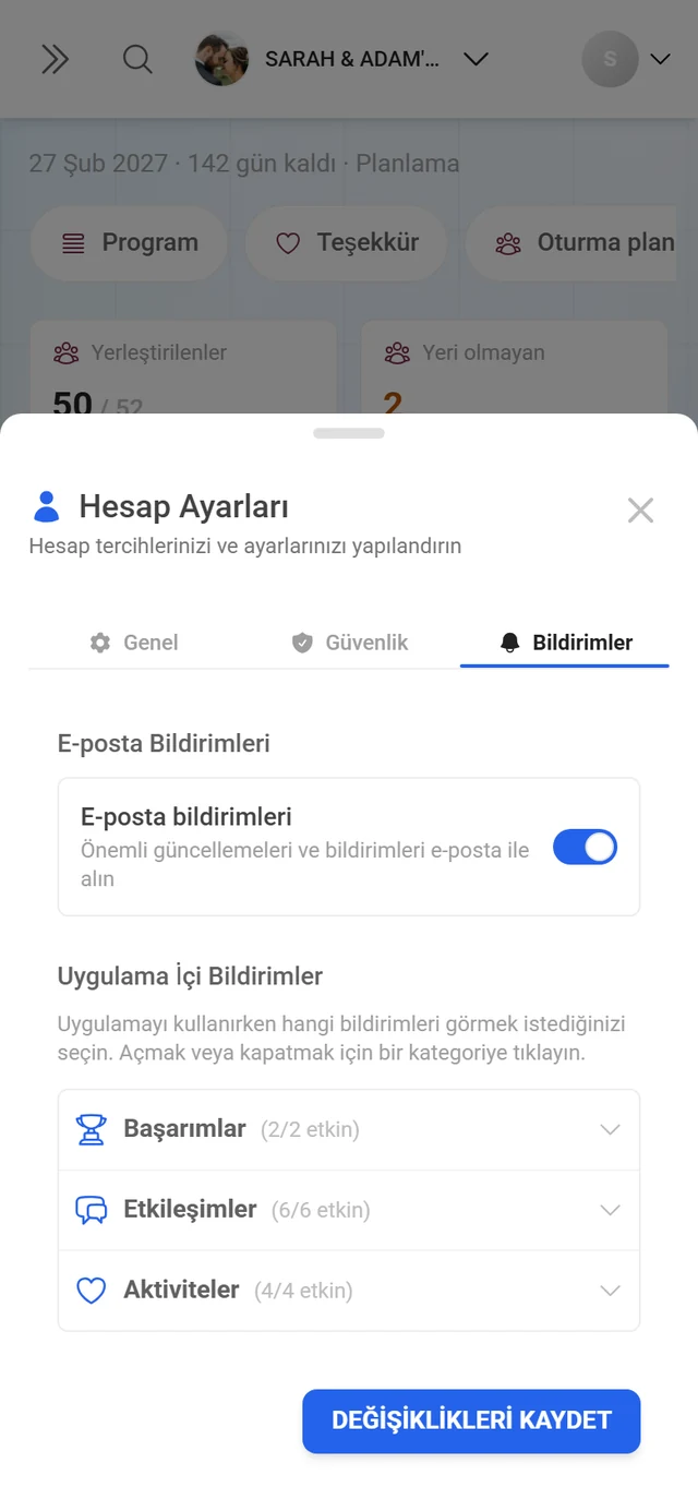 Bildirimler sekmesi etkin olan Hesap ayarları iletişim kutusu