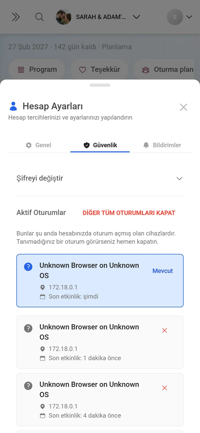 Etkin oturumlar listesiyle hesap ayarlarının Güvenlik sekmesi