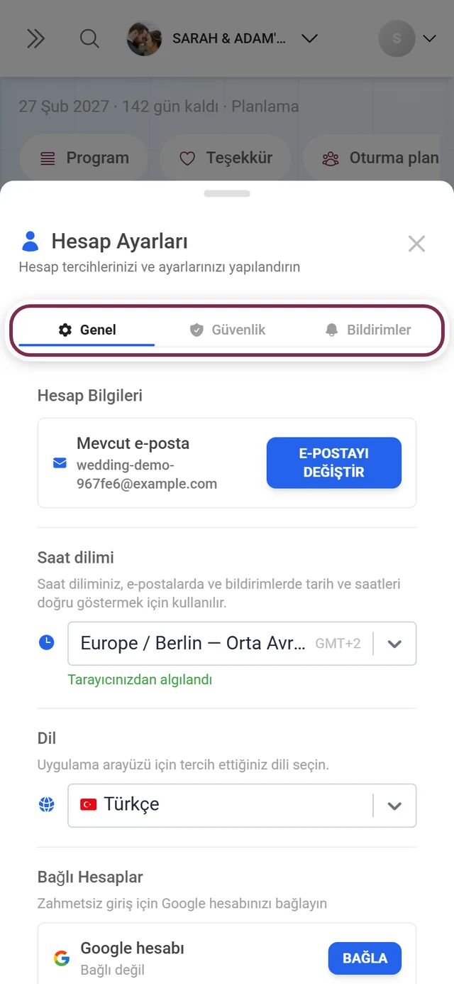 Sekme satırı kırmızıyla işaretlenmiş Hesap ayarları iletişim kutusu