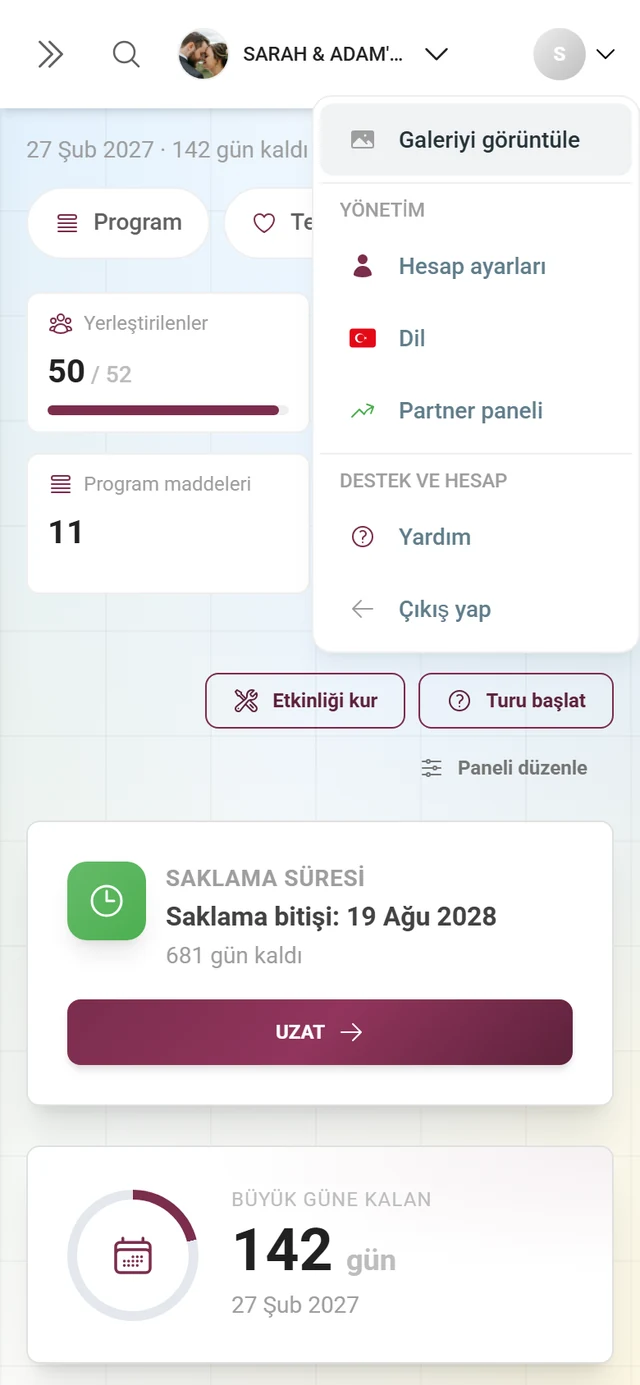 Yönetim alanında Yönetim bölümüyle açılmış hesap menüsü