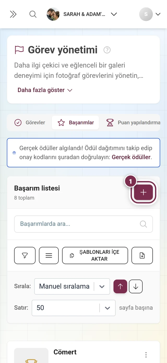Listenin üstünde Başarım oluştur düğmesi kırmızıyla işaretlenmiş başarım yönetimi