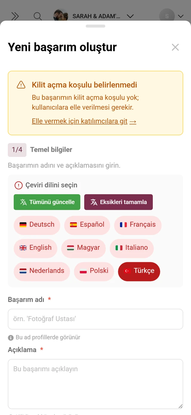 Ad, koşul ve ödül ile başarım oluşturma iletişim kutusu