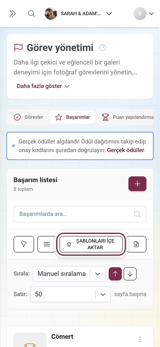 Şablonları içe aktar düğmesi kırmızıyla işaretlenmiş başarım yönetimi araç çubuğu
