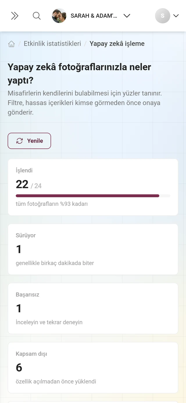 Dört gösterge kutucuğu ve içerik filtresi ile yüzler için birer kart içeren “Yapay zekâ fotoğraflarınızla neler yaptı?” sayfası