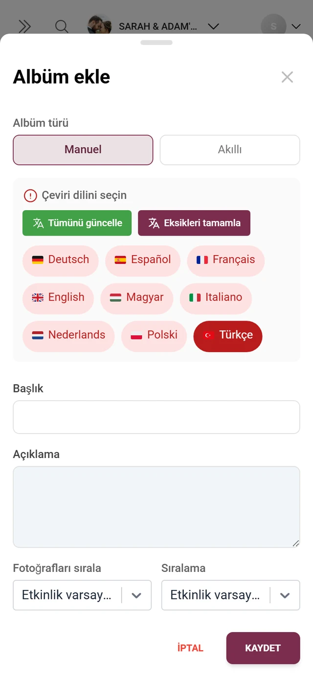 Albüm türü, başlık, açıklama, fotoğraf sıralaması ve kapak görseliyle albüm ekleme iletişim kutusu
