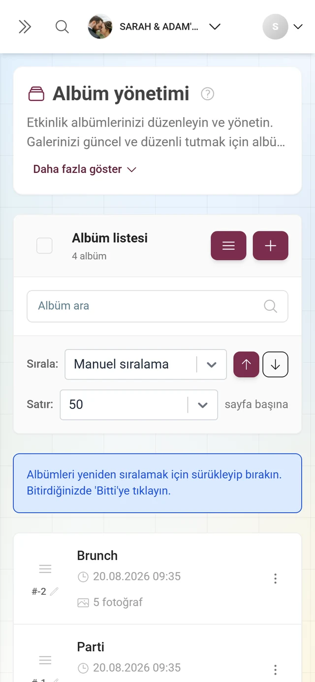 Sürükle-bırak ipucu ve Bitti düğmesiyle yeniden sıralama modunda albüm yönetimi