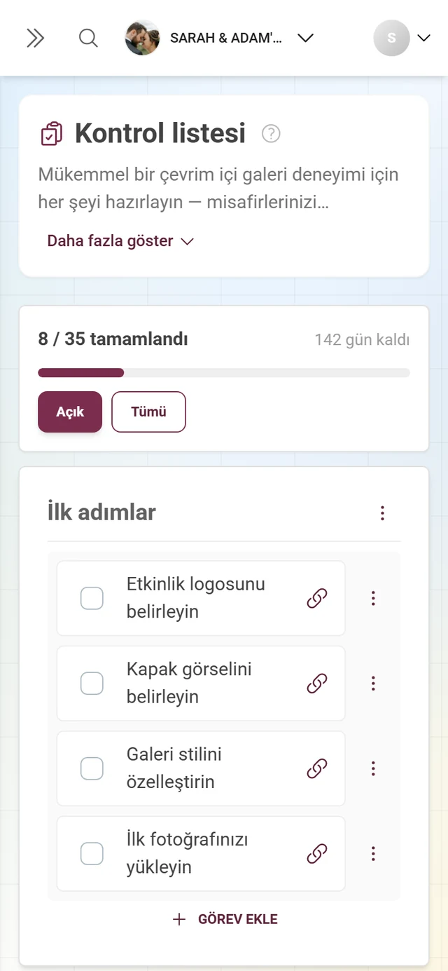 İlerleme başlığı, kategoriler ve görevlerle kurulum kontrol listesi